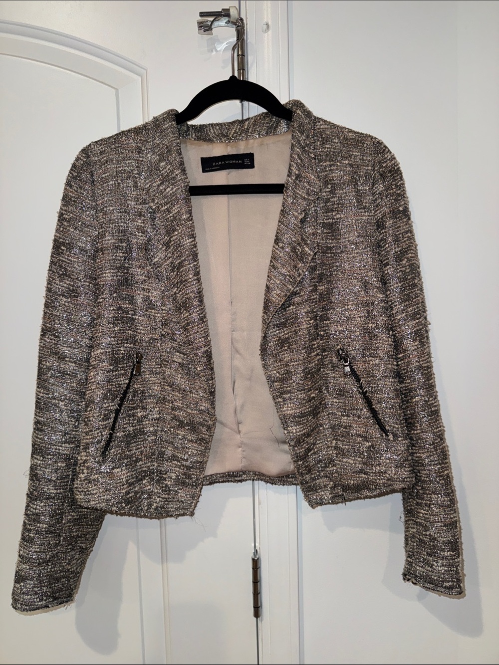 Zara Metallic Taupe Open-Front Textured Blazer